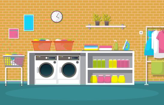 Laundromat with Washing Machines and Shelves vector