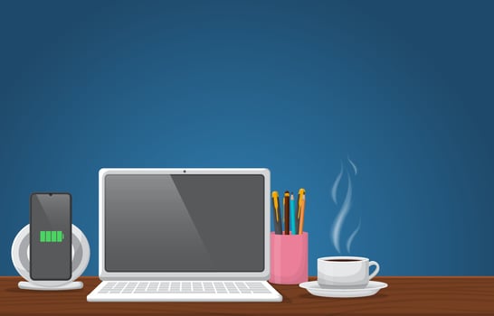 Laptop and Cup of Coffee on Office Table Illustration vector
