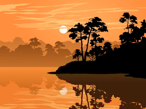 Vector Scenic Sunset Illustration with Forest and Lake