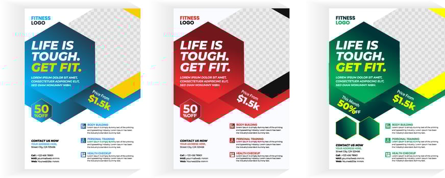 Fitness Gym Flyer Template, 3 color fitness body building and gym flyer A4 size template vector