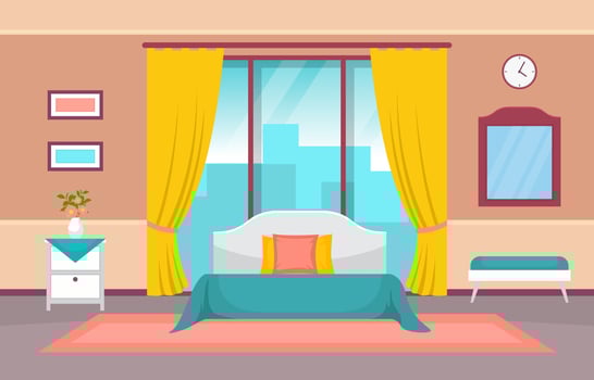 Cozy Hotel Bedroom Interior with Double Bed and Windows vector