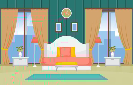 Cozy Bedroom Interior with Double Bed and Tall Windows vector