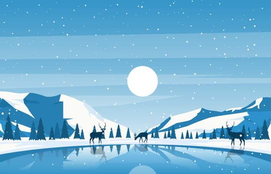 Snowy Winter Landscape with Trees, Mountains, and Deer vector
