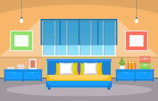 Cozy Bedroom Interior with Double Bed and Shelves vector