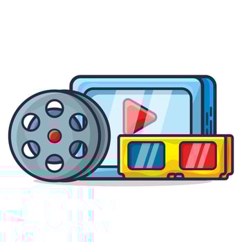 electronic tablet, roll film and 3d glasses for watching movie concept illustration collection vector