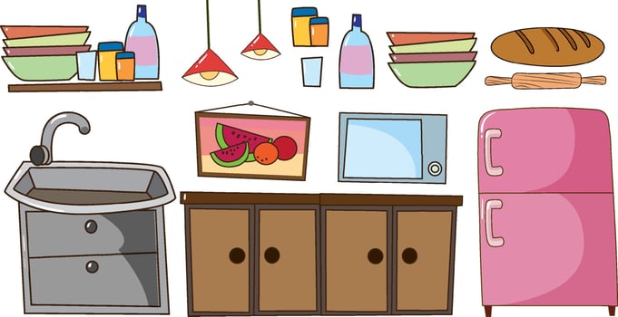 Set of kitchen equipments doodle cartoon style on white background vector