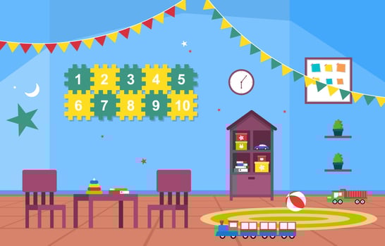 Colorful Kindergarten or Elementary School Classroom with Desks and Toys Illustration vector