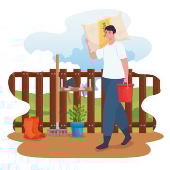Man gardening outdoors with fertilizer bag vector design