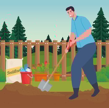 Man gardening outdoors with shovel vector design