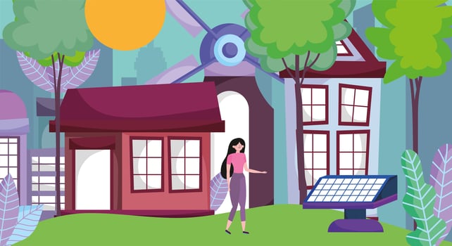 houses with windmills energy for ecology concept vector