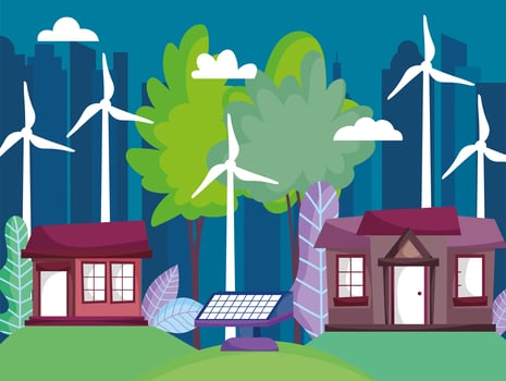 houses and cityscape with wind turbines and solar panel energy for ecology concept vector