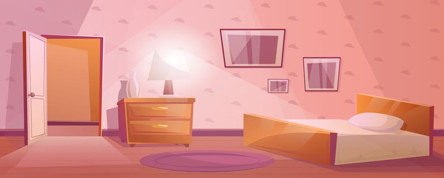Bedroom with a large bed and an open door. Nightstand or bedside table with the lamp and vase. Purple carpet on the floor. Textured Wallpaper with pictures on the wall. Cartoon interior in pink color vector