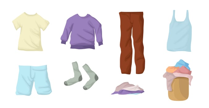 Laundry set. Clothes collection. Socks, linen, t shirt, sweatshirt, jacket, shorts, jeans in a wicker basket. vector