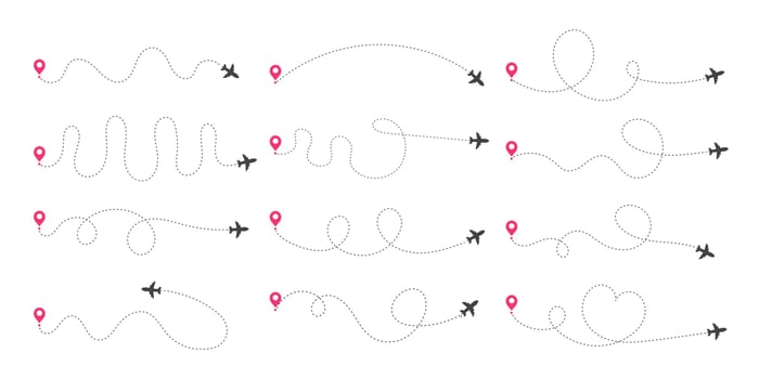 Airplane routes. Travel vector icon. Travel from start point and dotted line tracing.