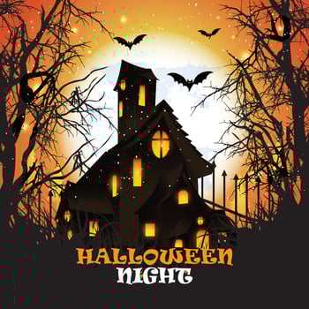 Halloween haunted house background with bats vector