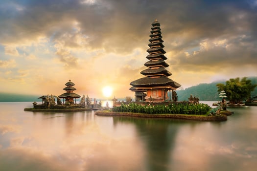 Ulun Danu Beratan Temple at sunrise, on Bali, Indonesia photo