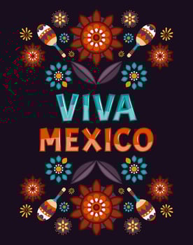 Viva Mexico. Colorful Mexican flowers, patterns and ornamert and chilli peppers. Vector illustration