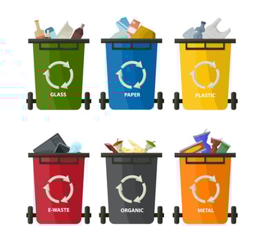 Plastic containers with trash. Recycling garbage elements trash bags tires management industry. Organic, plastic, metal, paper, glass. vector