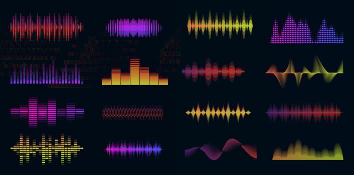 Music sound waves big colorful set. Music audio collection. Console panel. Electronic radio signal. Equalizer. vector