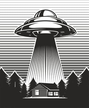 UFO poster vintage. Aliens abduct from a farm. House with windmill mill in forest. Black and white design. Vector illustration.
