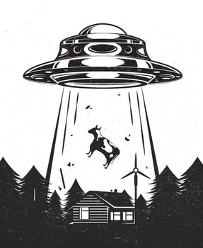 UFO poster vintage. Aliens abduct a cow from a farm. House with windmill mill in forest. Black and white design. Vector illustration.