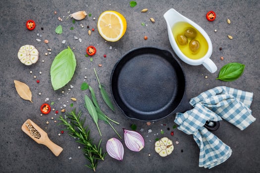 Frying pan with fresh Italian ingredients photo