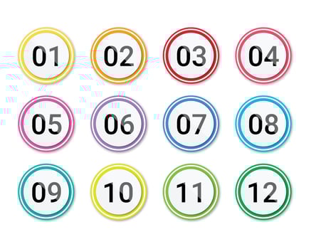 Number bullet points set 1 to 12 isolated on white background. Number bullet point circle color gradient web icons template. vector