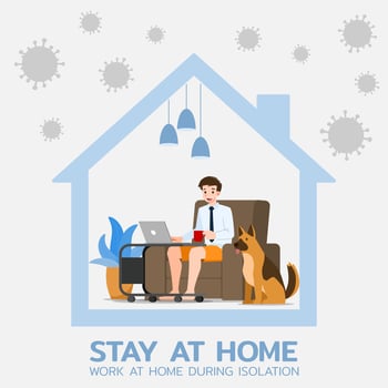 Young businessman is sitting and working with laptop on the sofa at home with his dog. Online job in social for safety and to protect him from Coronavirus. Vector illustration flat design.