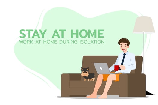 Young businessman is sitting and working with laptop on the sofa at home with his dog. Online job in social for safety and to protect him from Coronavirus. Vector illustration flat design.