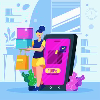 Woman Holding Shopping Bags doing Online Shopping vector
