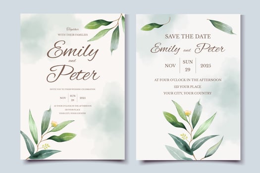 Greenery wedding invitation card template with watercolor eucalyptus leaves vector
