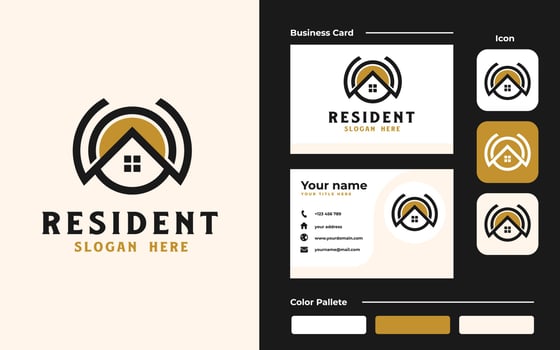 Roof house with point icon real estate logo and business card template. Branding Set vector