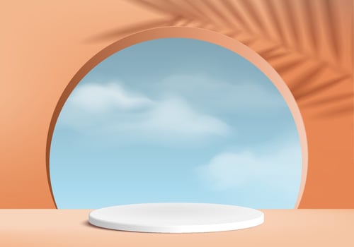 Background vector 3d orange coral cylinder white podium and minimal cloud scene with leaf shadow, wood podium 3d rendering, white podium pink pastel. Stage products halloween podium platform 3d sky display
