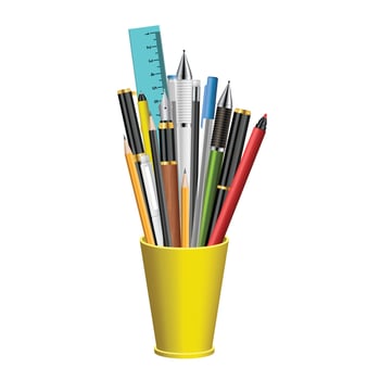 Realistic pens and pencils in plastic glass vector