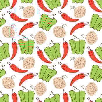 vegetable pattern with composition paprika, chilies, garlic element. Perfect for food background, wallpaper, textile. Vector illustration
