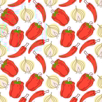 Seamless pattern with garlic, chili peppers, paprika on a white background. Vector illustration of ingredients for food background in a flat doodle style.