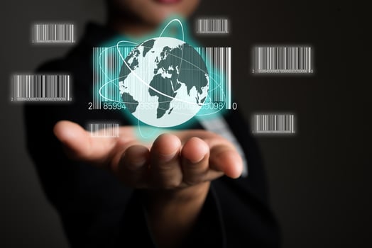 Business woman holding barcode product network icons photo