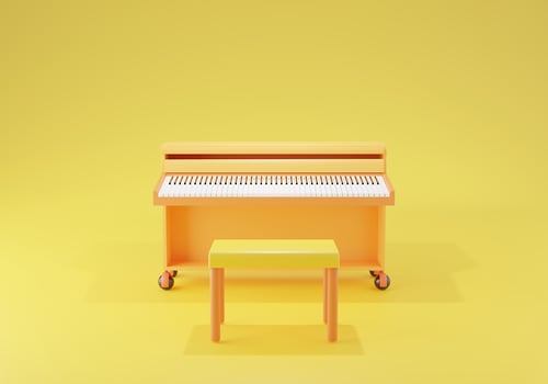 3D rendering of a piano with a yellow chair on yellow background photo