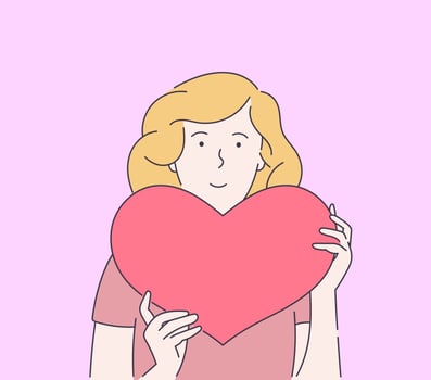Love, dating, romance, relationship, togetherness, couple concept. Young smiling woman holding big red heart. Modern line style illustration vector