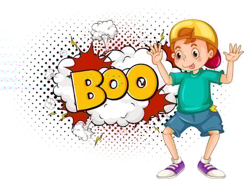 BOO word on bomb explosion with a boy cartoon character isolated vector