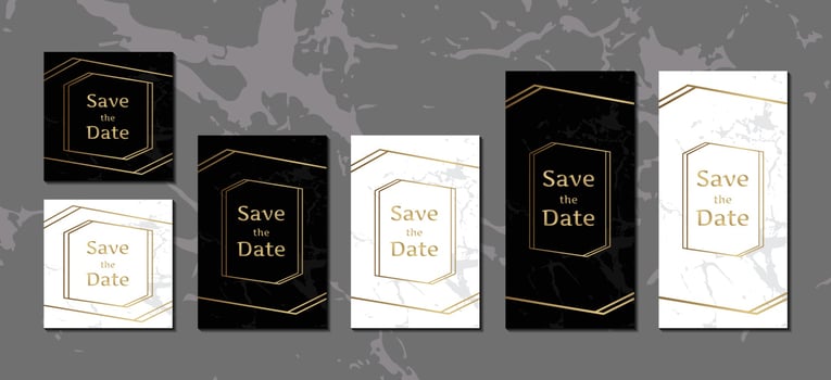 luxury invitation cards black and white marble background collection with golden geometric frame vector design template