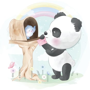 Cute panda with little bird illustration vector