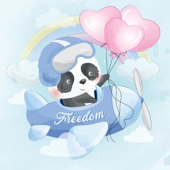 Cute panda flying with airplane illustration vector