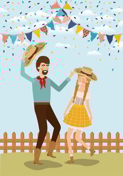 farmers couple celebrating with garlands and fence vector