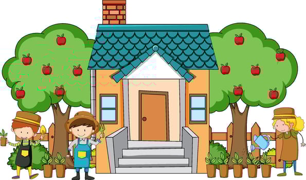 Front view of mini house with many kids on white background vector
