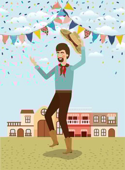 young farmer celebrating with garlands and cityscape vector
