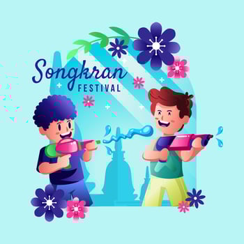 Two Boys Playing Water Gun at Songkran Festival vector