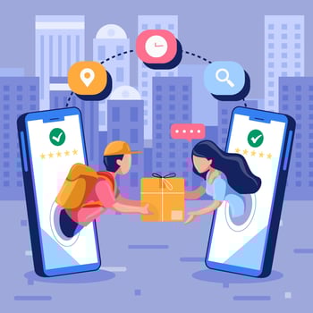 Man Delivered Goods to Woman Through Mobile Smartphone vector