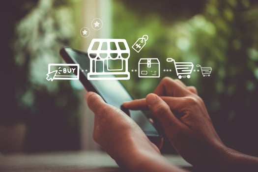 Woman using a smartphone with technology icons in the background photo