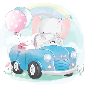 Cute elephant driving a car with little bunny illustration vector